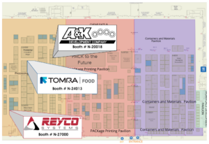 Floor Map for Pack Expo 2021 showing the booth locations for TOMRA, REYCO, and A&K.